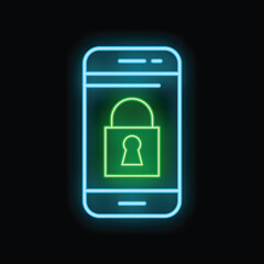 Poster - Neon icon representing a smartphone with a padlock on its screen, symbolizing mobile security