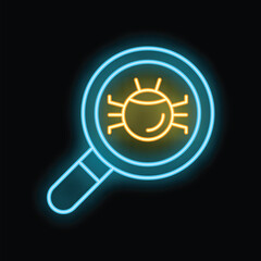 Poster - Glowing neon icon of a magnifying glass detecting a computer virus, symbolizing cybersecurity and threat detection