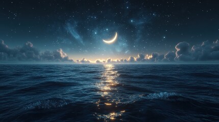 Wall Mural - Night Sky Ocean Crescent Moon Starry Cloudscape