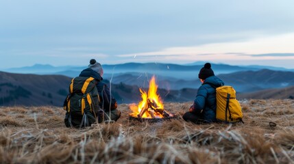 Wall Mural - camp Fire Girls day.Campers sitting by a warm bonfire in the mountains.