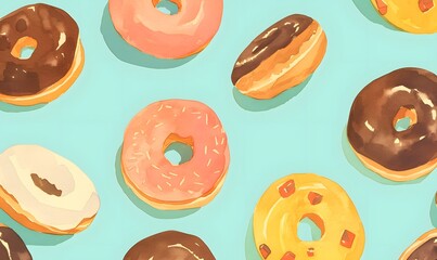 Wall Mural - Various sweet donuts watercolor pattern illustration, Generative AI