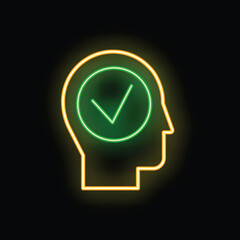 Poster - Neon sign representing a human head with a check mark, suggesting a good idea, positive thinking or a great choice