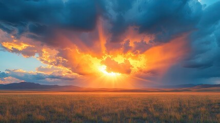 Wall Mural - Dramatic Sunset Over Grassland With Colorful Clouds