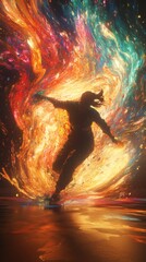Poster - Mesmerizing 3D rendering of a painter at work splashing bright paint on a wall to form a womans figure surrounded by swirling colors in a lowlight scene with striking highlights and deep shadows