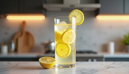 Refreshing Lemon Water in Modern Kitchen Setting, Symbolizing Detox and Hydration