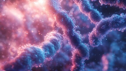 Poster - Mesmerizing 8k image of cell division under a microscope featuring blue male and pink female chromosomes in bright white light intricately showcasing the beauty of life's beginnings