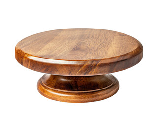Aufkleber - A polished round wooden cake stand with a pedestal base ideal for displaying desserts or other items.