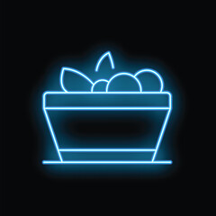 Poster - Blue neon sign of a bowl full of healthy food glowing on a black background