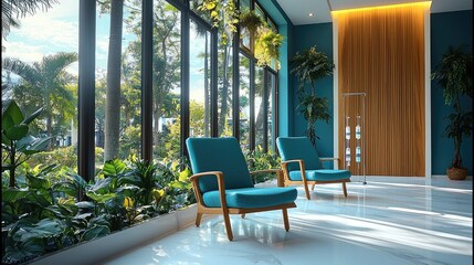 Poster - A modern Serum therapy room with blue walls with a comfortable teal colored armchairs, IV stand coming from the ceiling for the armchairs, and camouflaged by hanging plants, minimalistic wooden panel.