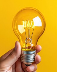 Aufkleber - Bright Light Bulb in Hand with Yellow Background for Energy and Innovation Concepts