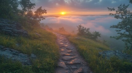 Wall Mural - Sunrise Path Over Misty Mountain Valley