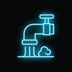 Poster - Blue glowing neon icon of a pipe leaking water with steam or smoke coming out on a black background