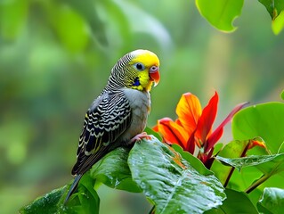 Poster - Vibrant Budgie Perched on Lush Green Leaves