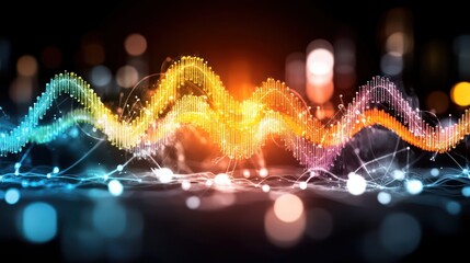 Fototapete - Vibrant Abstract Sound Waves with Colorful Light Effects and Glowing Particles in a Dark Background