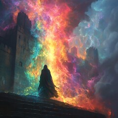 Poster - Mysterious figure cloaked in darkness on castle ramparts summoning swirling rainbowcolored mist from their wand illuminating the ancient walls in vibrant colors creating an enigmatic aura