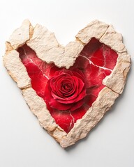 Aufkleber - Heart Shape Frame with Red Rose and Cracked Texture for Romantic Concepts and Decor Ideas