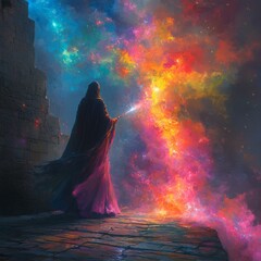 Poster - Mysterious figure cloaked in darkness on castle ramparts summoning swirling rainbowcolored mist from their wand illuminating the ancient walls in vibrant colors creating an enigmatic aura