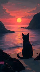Poster - Peaceful scene of a black cat sitting on a sandy beach at sunset gazing at the sun dipping below the horizon with a sky of soft pinks and oranges illuminating the calm sea and distant rocks