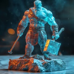 Poster - Photorealistic icy monument with blue and red hues depicting a powerful man with strong muscles and a hammer The lower part is rough golden stone illuminated by cinematic low lighting