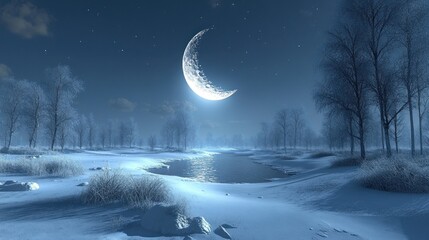 Wall Mural - Winter Night Scene with Crescent Moon and Frozen River