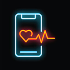 Poster - Neon icon of a smartphone displaying a heartbeat line and a heart shape, representing mobile health monitoring