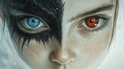Poster - Photorealistic pencil sketch of a little girl divided between good and evil One blue angelic eye one red demonic eye a white feathered wing and a dark bat wing every detail carefully drawn