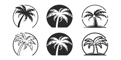 Contemporary palm tree icon set features single color illustrations of palm trees suitable for cutting, tattoo designs, or as modern palm art design elements vector