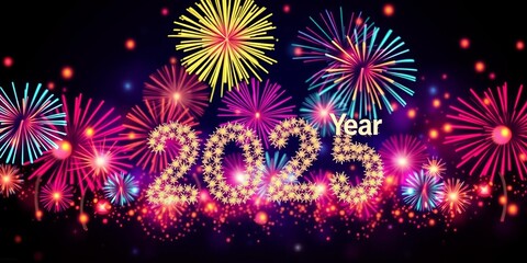 Colorful fireworks display and digital design elements to celebrate the arrival of 2025, happy new year, design, colorful