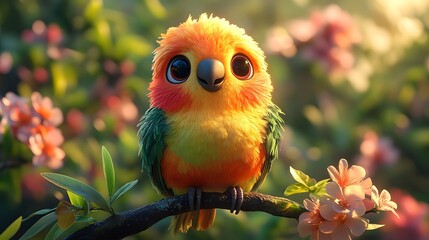 Poster - Playful cartoon bird with colorful feathers of green yellow and orange perches on a branch its innocent expression and detailed feathers bringing a joyful scene to life