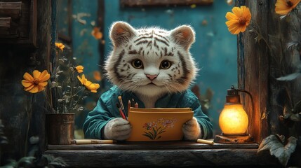 Fototapete - Playful depiction of a white tiger character in a houseshaped frame dressed in green and yellow concentrating on drawing flowers with a warm lamp casting light against a serene blue backdrop