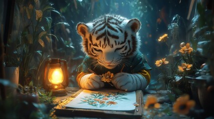 Poster - Playful depiction of a white tiger character in a houseshaped frame dressed in green and yellow concentrating on drawing flowers with a warm lamp casting light against a serene blue backdrop
