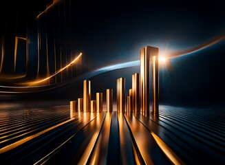 Poster - Golden bars form an upward trending graph, set against a dark, abstract background with glowing lines.  The scene evokes success and growth.