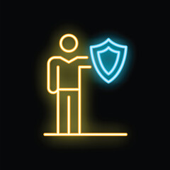 Poster - Bright neon style icon of person holding shield, representing security and protection