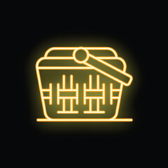 Poster - Bright yellow neon shopping basket icon glowing on black background