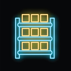 Poster - Glowing neon line warehouse shelves with boxes icon isolated on black background. Vector illustration