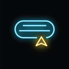 Poster - Neon sign of a cursor pointing at a text cloud on black background, representing online communication, social media and digital marketing