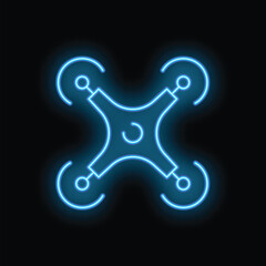Poster - Blue neon sign illustrating a drone flying with its four propellers spinning on a black background