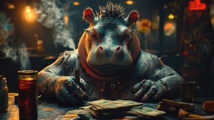 Poster - Punkstyled hippo with spiked hair tattoos covering its body sitting in a dark room Cigar smoke drifts through the air as it eyes a table stacked with money Low light captures every detail