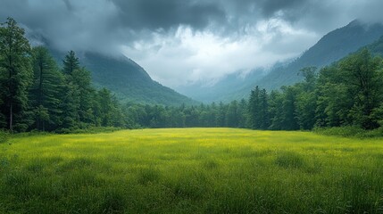 Wall Mural - Green Meadow Between Misty Mountain Ranges