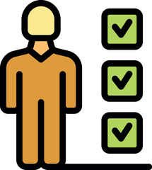 Poster - Professional standing next to three check marks, symbolizing completed tasks, efficiency, and productivity in the workplace