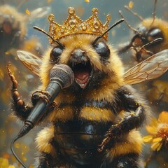 Poster - Radiant bee sporting a yellow and black striped body and a sparkling crown passionately sings into a microphone as other crowned bees gather around creating a festive energetic atmosphere on petals