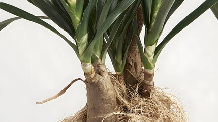 Wall Mural - Closeup Yucca Plant Lush Green Leaves Brown Trunk Detailed Roots Potted Houseplant