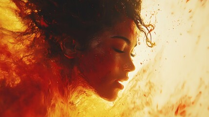 Poster - Refined cinematic image of a painter energetically splashing paint the vibrant colors merging into the shape of a woman set against a lowlight backdrop filled with rich highlights and shadows