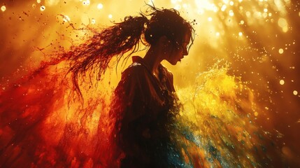 Poster - Refined cinematic image of a painter energetically splashing paint the vibrant colors merging into the shape of a woman set against a lowlight backdrop filled with rich highlights and shadows