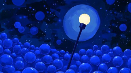 Wall Mural - Abstract Blue Night Scene with Illuminated Lamppost and Bubbles