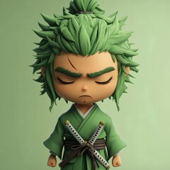 Poster - Samurai character with green hair one eye closed and a frowning expression dressed in a vibrant green uniform featuring three katana swords tied around his waist on a simple light green backdrop