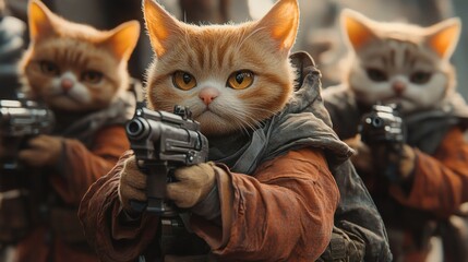 Poster - scene of chubby anthropomorphic cats in military attire using machine guns while exploring a vibrant