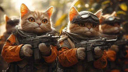 Poster - Scene of chubby anthropomorphic cats in military attire using machine guns while exploring a vibrant tropical forest captured with dynamic cinematic color grading for dramatic effect