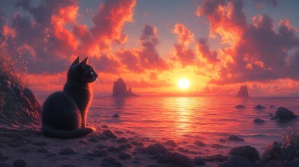 Poster - serene black cat sits gracefully on a sandy beach as the sun sets casting a warm glow of pink and or