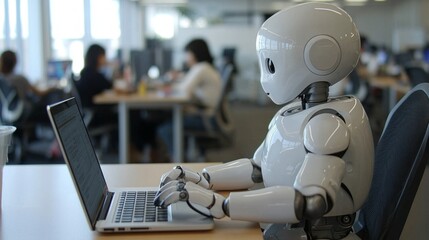 Poster - A humanoid robot is focused on typing at a laptop in a lively office filled with people. The workspace is bright and contemporary, showcasing a blend of technology and collaboration